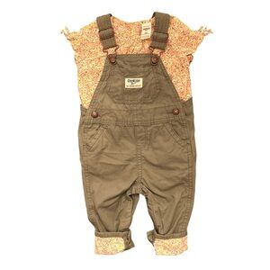 OshKosh Olive and Pink Floral Ruffles Overall Outfit Set - Size 9 Months